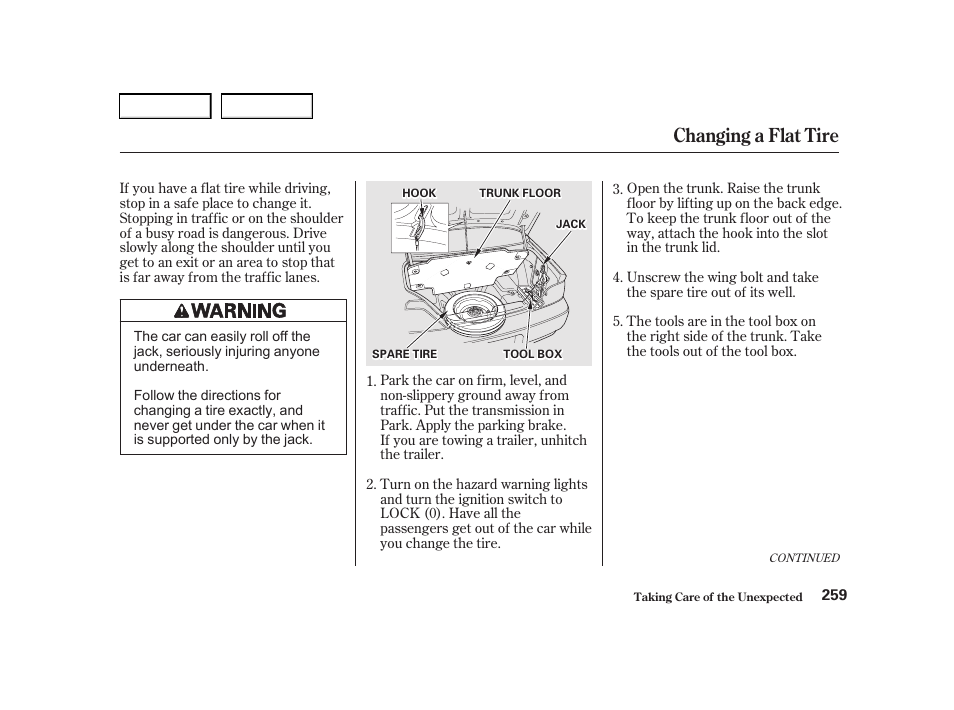 Changing a flat tire | Acura 2001 TL - Owner's Manual User Manual | Page 262 / 319