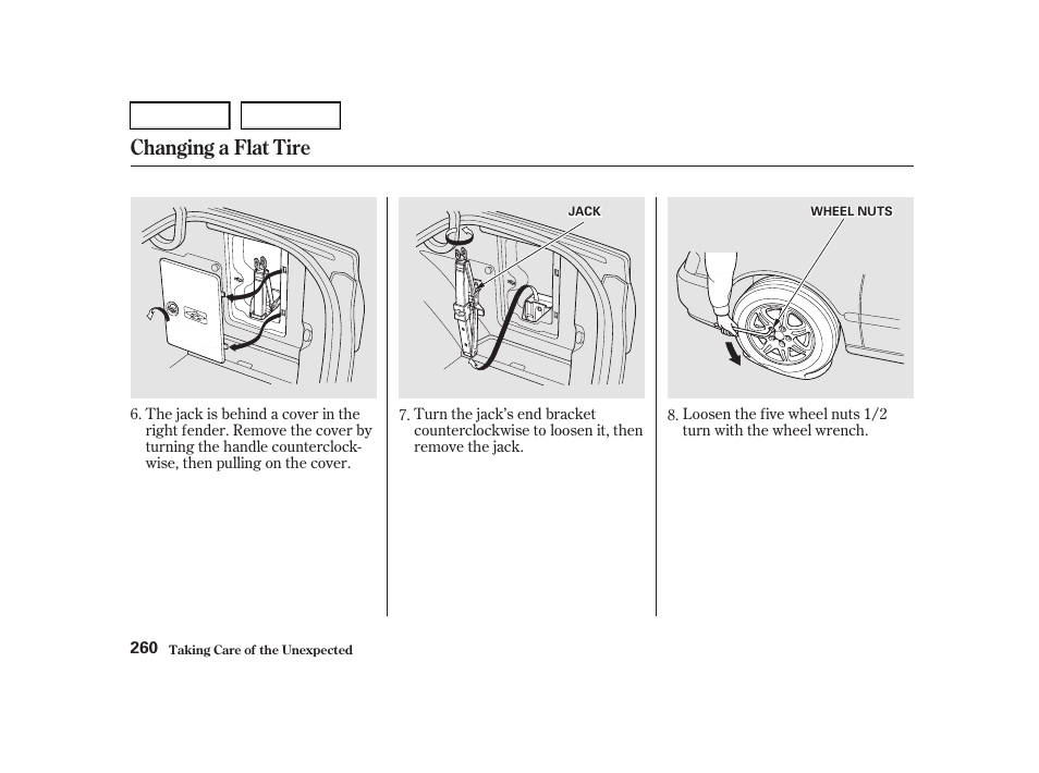 Changing a flat tire | Acura 2001 TL - Owner's Manual User Manual | Page 263 / 319