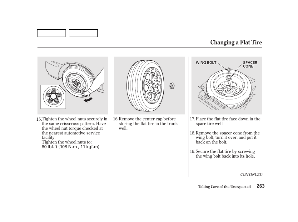 Changing a flat tire | Acura 2001 TL - Owner's Manual User Manual | Page 266 / 319