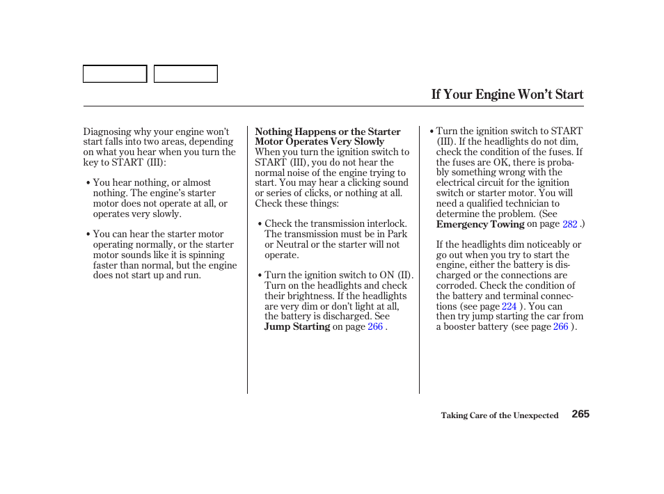 If your engine won’t start | Acura 2001 TL - Owner's Manual User Manual | Page 268 / 319