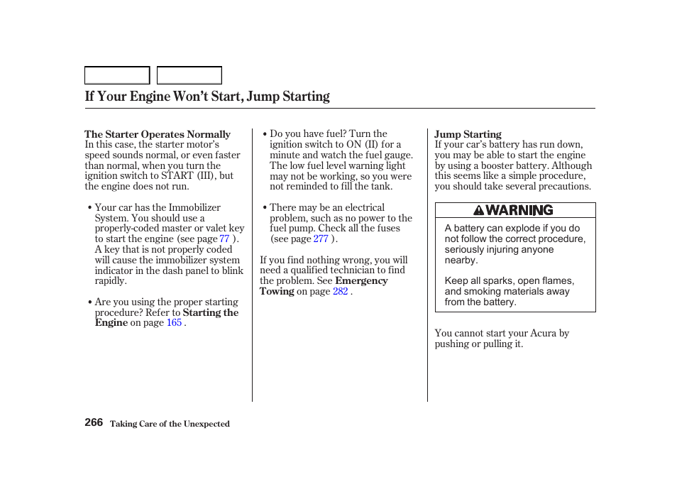 If your engine won’t start, jump starting | Acura 2001 TL - Owner's Manual User Manual | Page 269 / 319