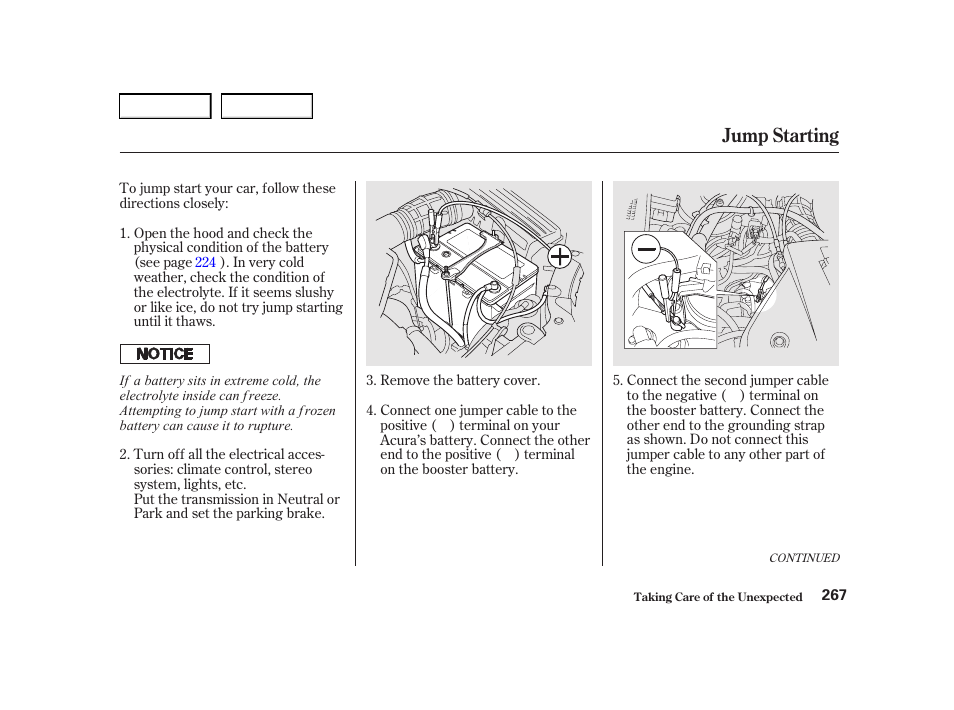 Jump starting | Acura 2001 TL - Owner's Manual User Manual | Page 270 / 319