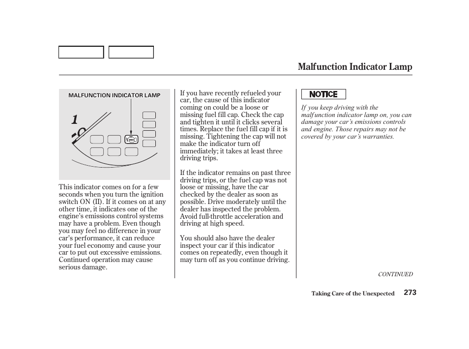 Malfunction indicator lamp | Acura 2001 TL - Owner's Manual User Manual | Page 276 / 319