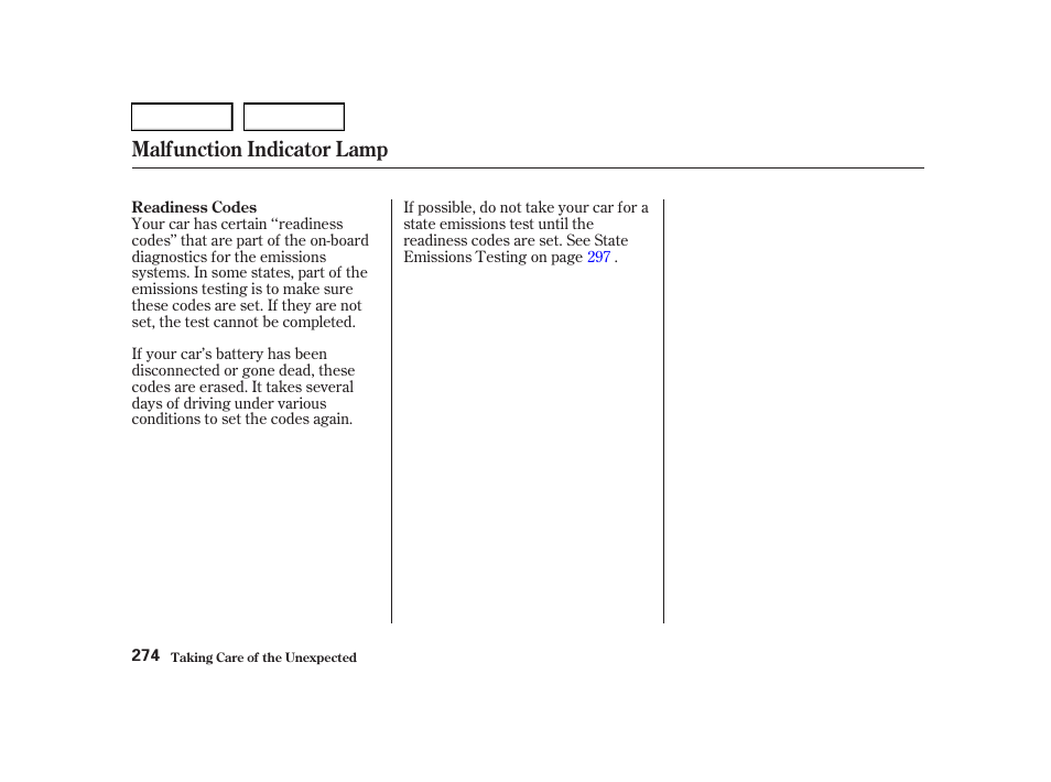 Malfunction indicator lamp | Acura 2001 TL - Owner's Manual User Manual | Page 277 / 319