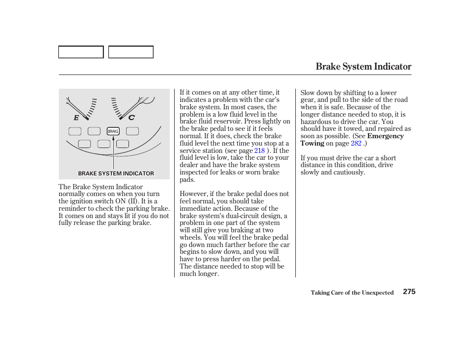 Brake system indicator | Acura 2001 TL - Owner's Manual User Manual | Page 278 / 319