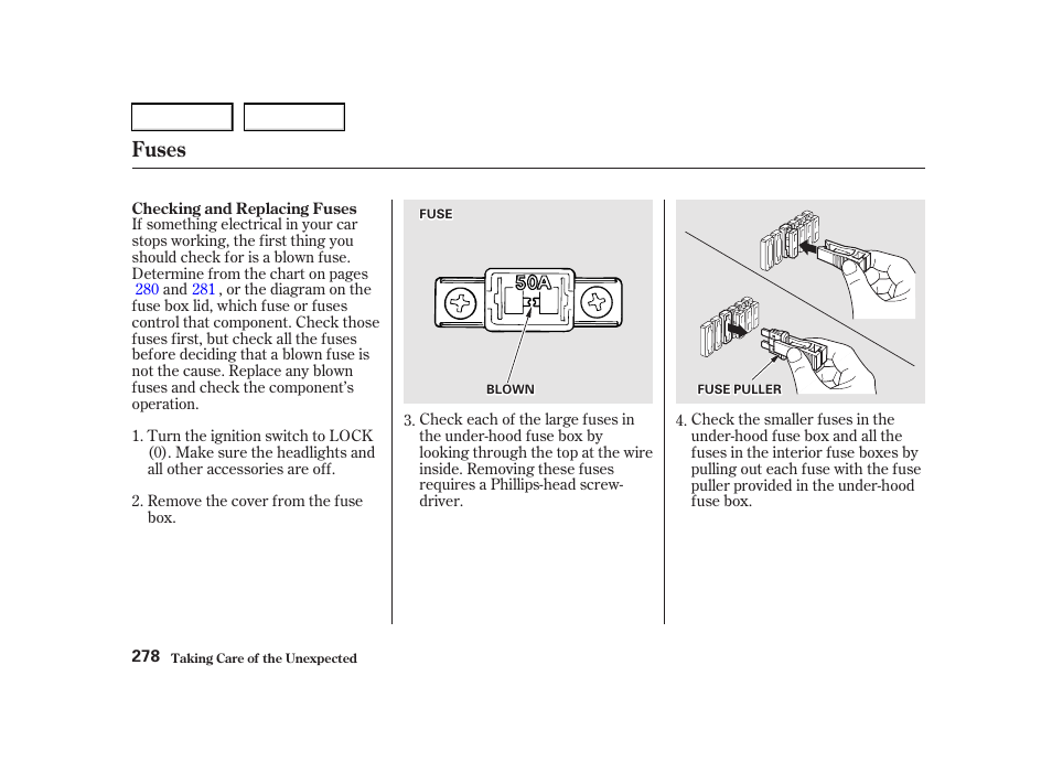 Fuses | Acura 2001 TL - Owner's Manual User Manual | Page 281 / 319