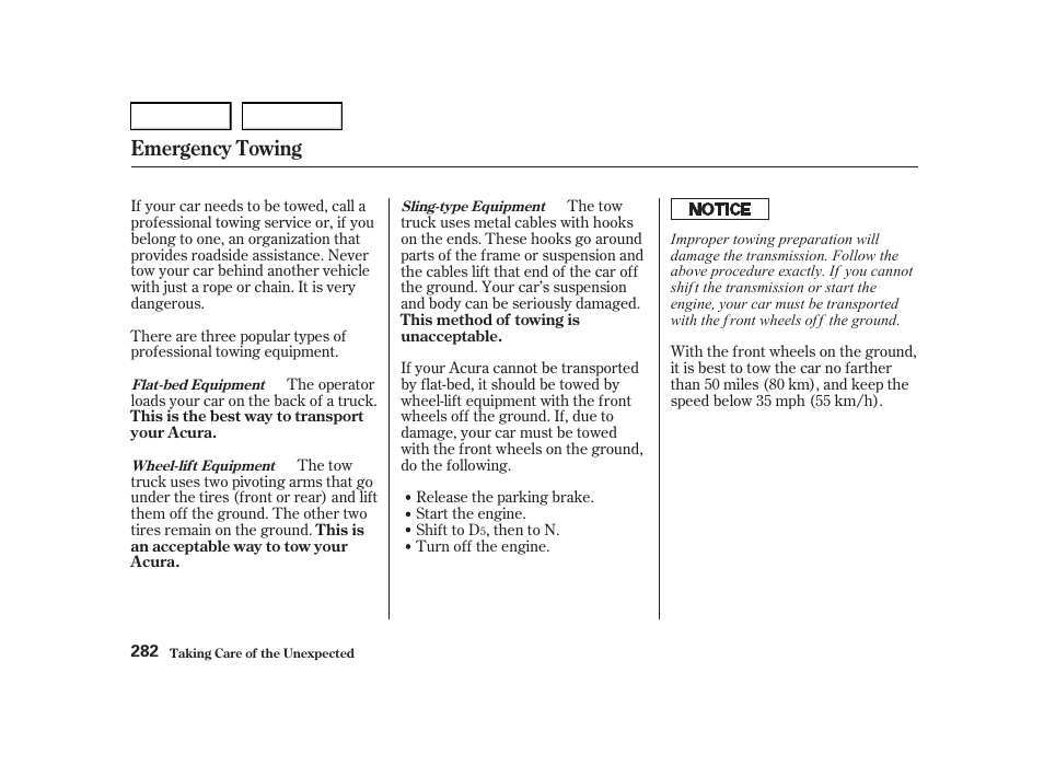 Emergency towing | Acura 2001 TL - Owner's Manual User Manual | Page 285 / 319