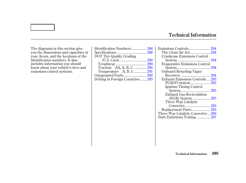 Technical information | Acura 2001 TL - Owner's Manual User Manual | Page 288 / 319