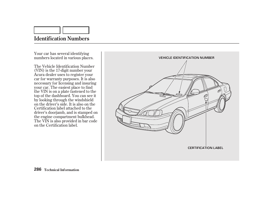 Identification numbers | Acura 2001 TL - Owner's Manual User Manual | Page 289 / 319