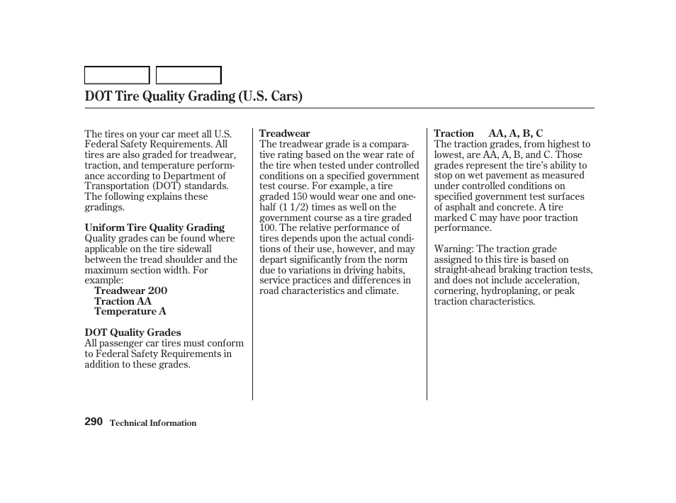 Dot tire quality grading (u.s. cars) | Acura 2001 TL - Owner's Manual User Manual | Page 293 / 319