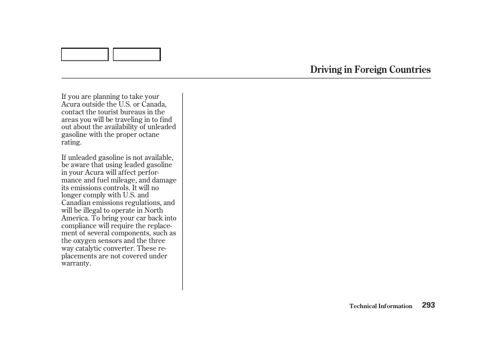 Driving in foreign countries | Acura 2001 TL - Owner's Manual User Manual | Page 296 / 319