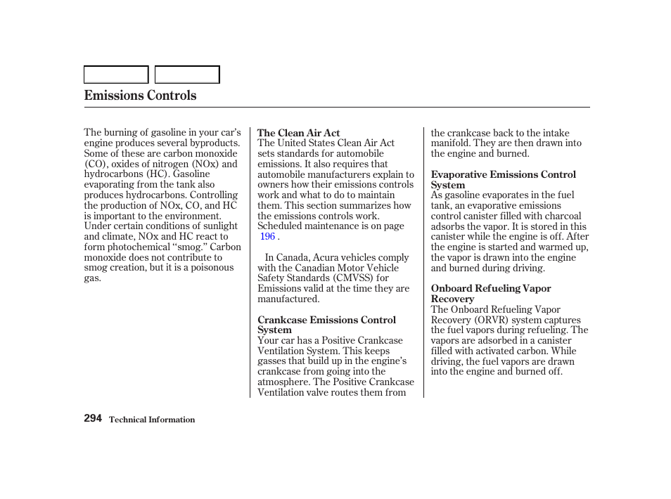 Emissions controls | Acura 2001 TL - Owner's Manual User Manual | Page 297 / 319