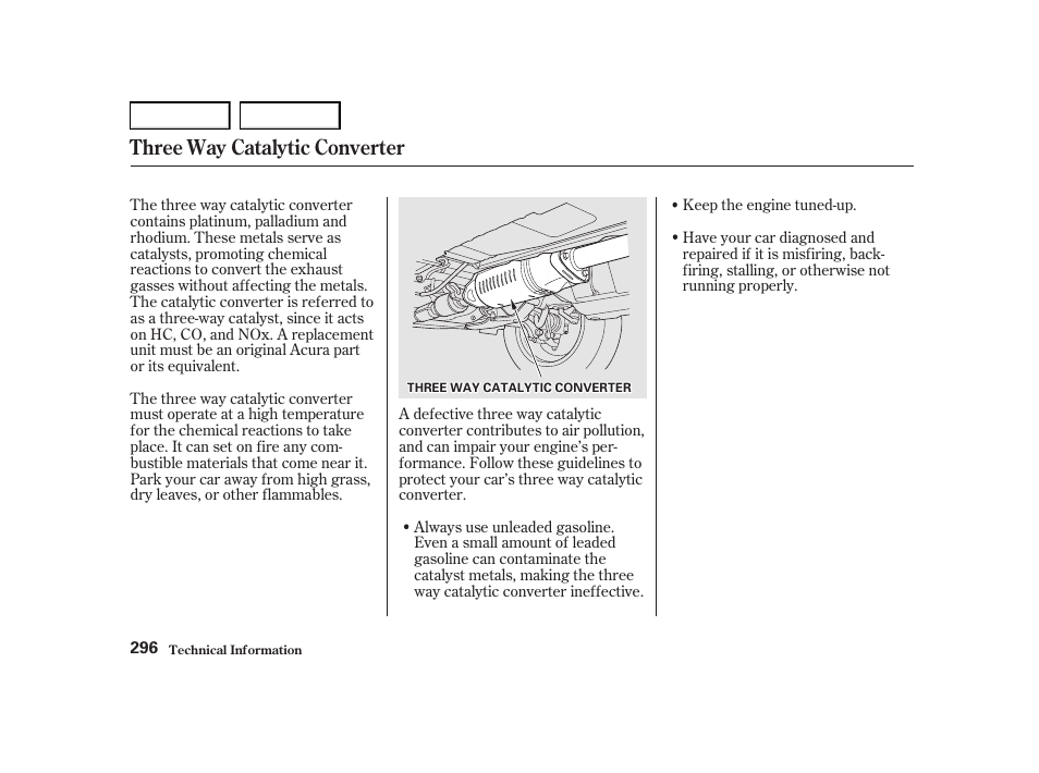 Three way catalytic converter | Acura 2001 TL - Owner's Manual User Manual | Page 299 / 319