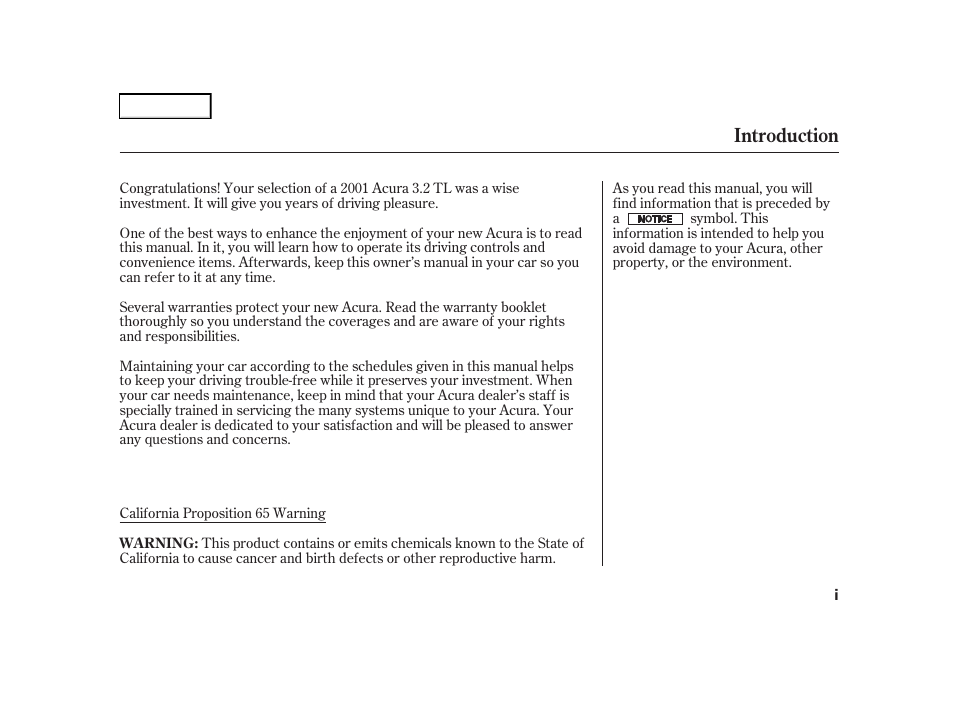 Introduction | Acura 2001 TL - Owner's Manual User Manual | Page 3 / 319