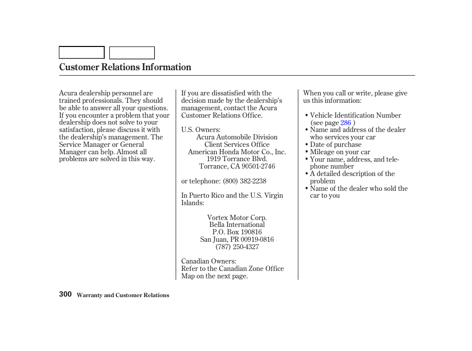 Customer relations information | Acura 2001 TL - Owner's Manual User Manual | Page 303 / 319