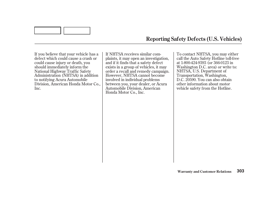 Reporting safety defects (u.s. vehicles) | Acura 2001 TL - Owner's Manual User Manual | Page 306 / 319