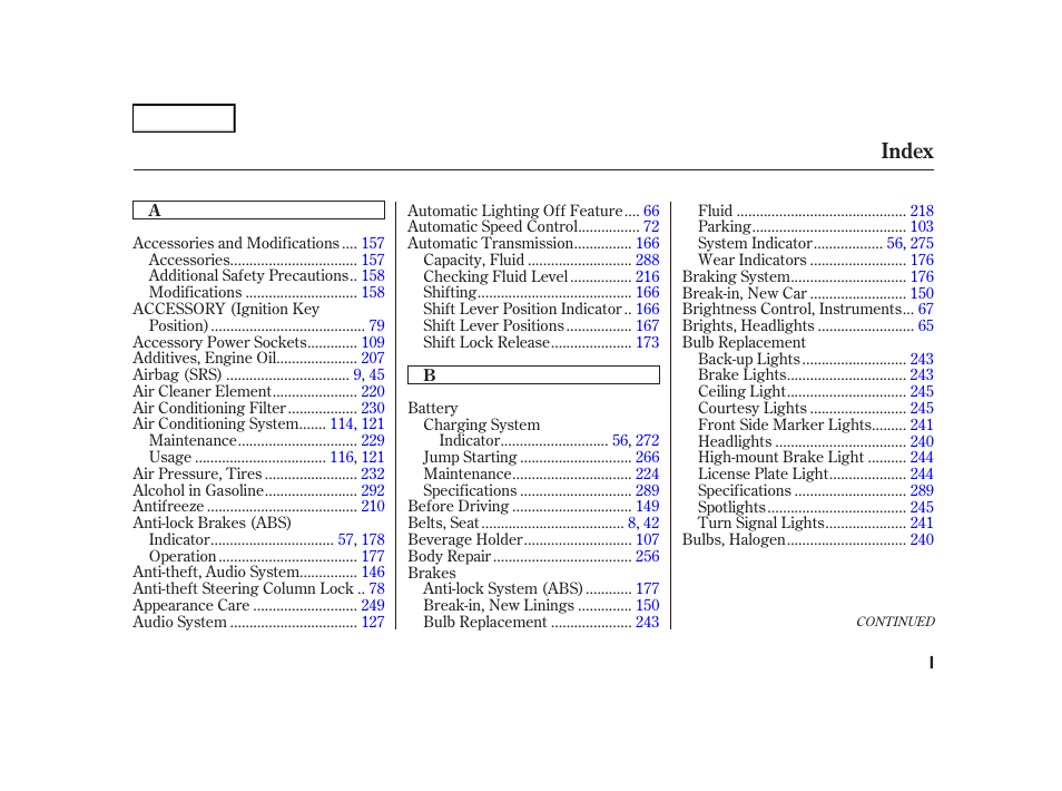 Index | Acura 2001 TL - Owner's Manual User Manual | Page 310 / 319