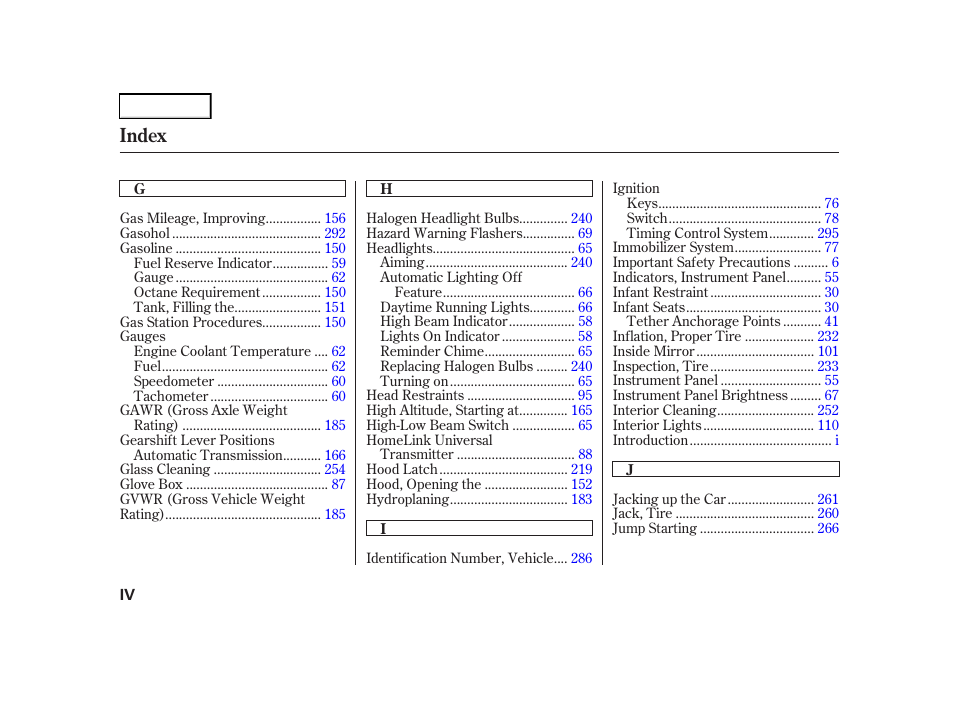 Index | Acura 2001 TL - Owner's Manual User Manual | Page 313 / 319