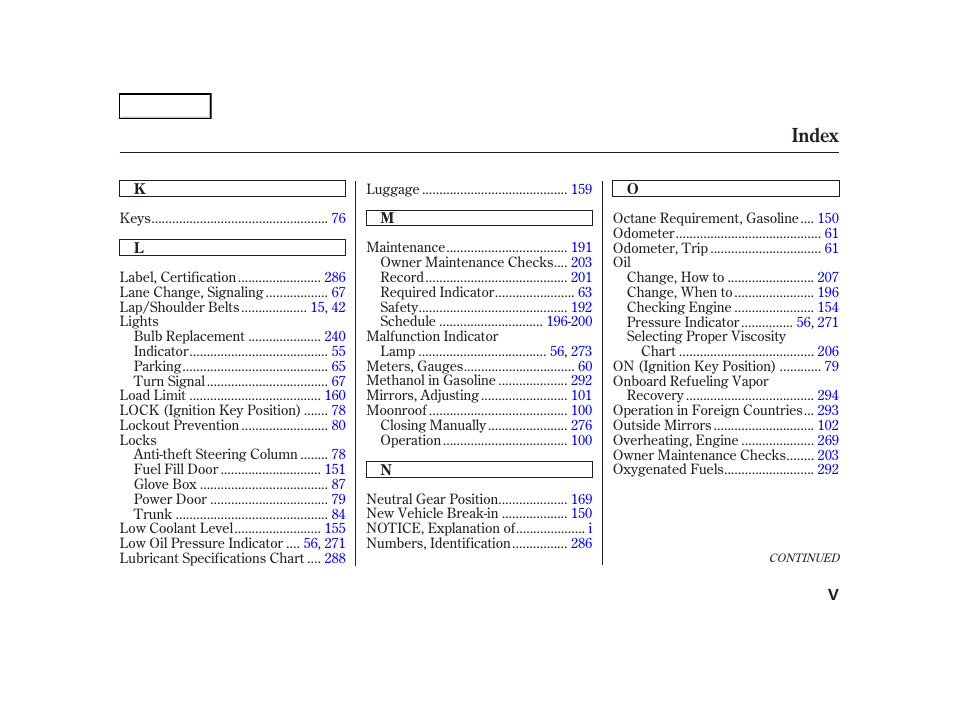 Index | Acura 2001 TL - Owner's Manual User Manual | Page 314 / 319