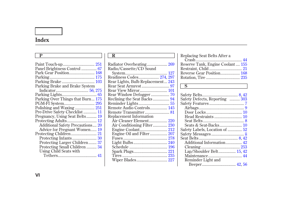 Index | Acura 2001 TL - Owner's Manual User Manual | Page 315 / 319