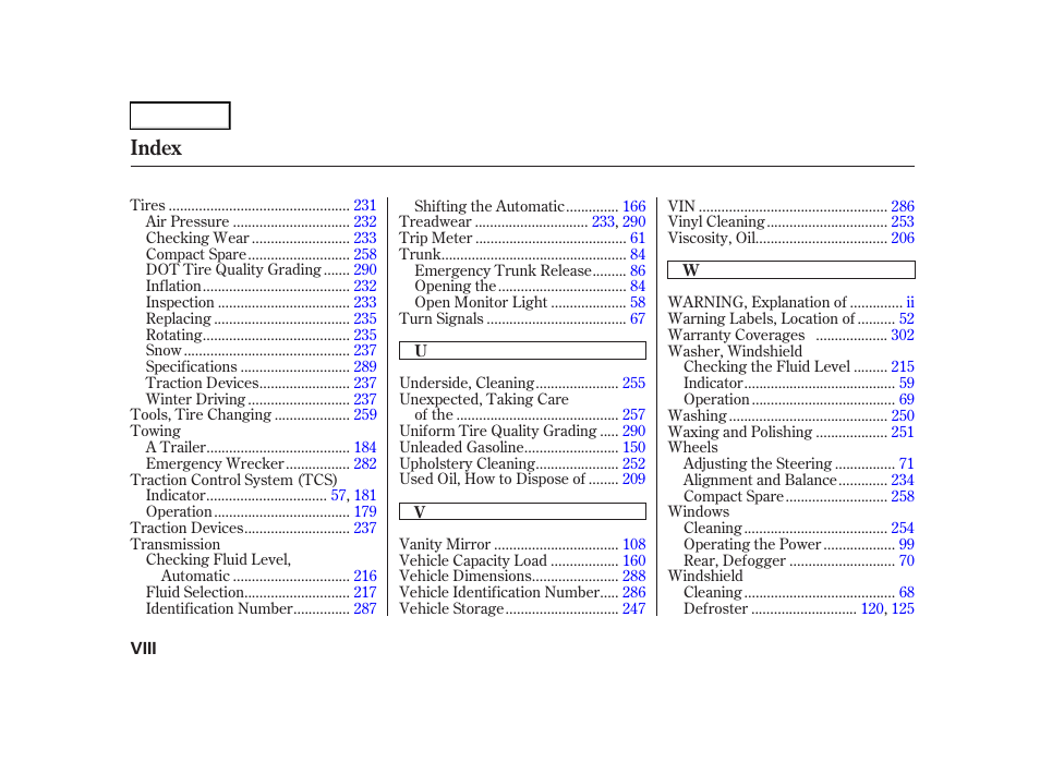 Index | Acura 2001 TL - Owner's Manual User Manual | Page 317 / 319