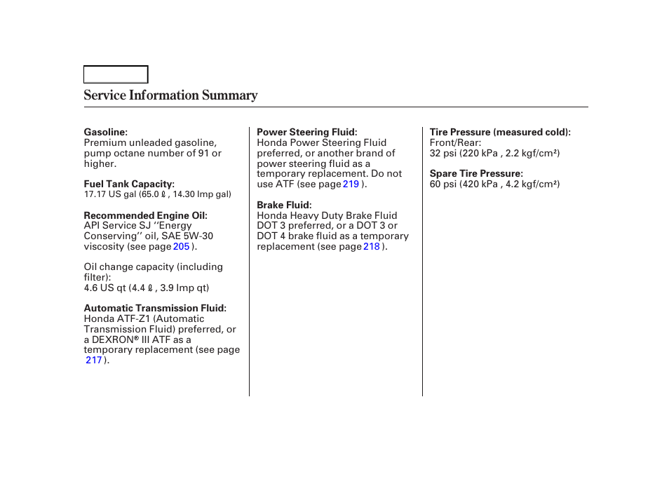 Service information summary | Acura 2001 TL - Owner's Manual User Manual | Page 319 / 319