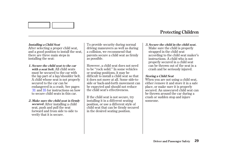 Protecting children | Acura 2001 TL - Owner's Manual User Manual | Page 32 / 319