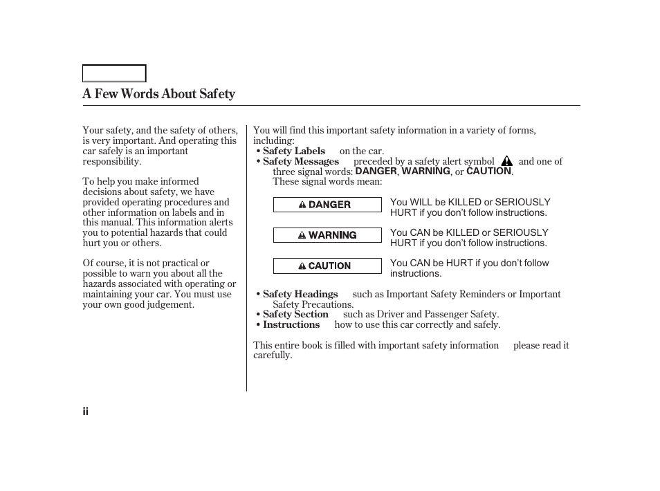 A few words about safety | Acura 2001 TL - Owner's Manual User Manual | Page 4 / 319