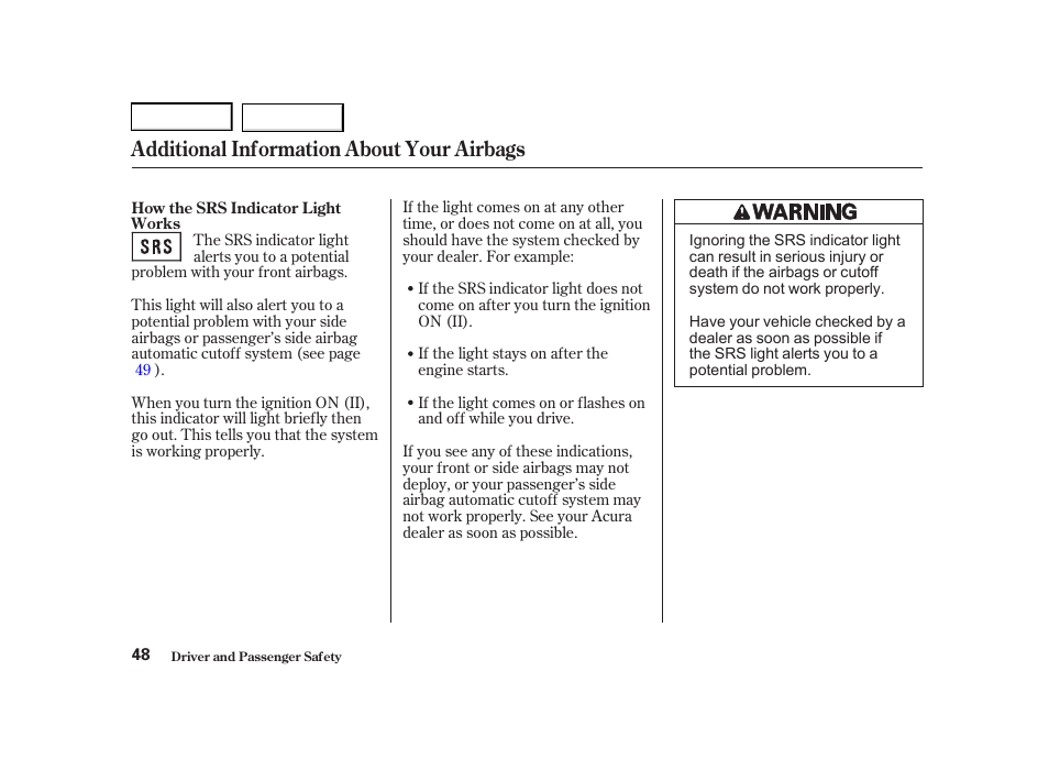 Additional information about your airbags | Acura 2001 TL - Owner's Manual User Manual | Page 51 / 319