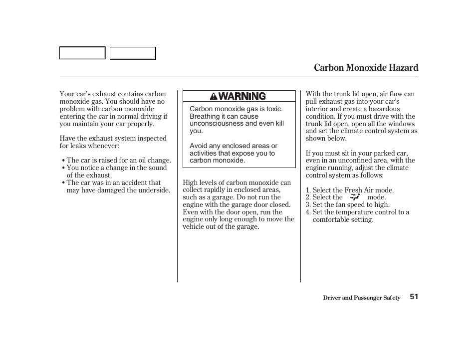 Carbon monoxide hazard | Acura 2001 TL - Owner's Manual User Manual | Page 54 / 319