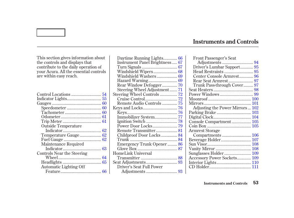 Instruments and controls | Acura 2001 TL - Owner's Manual User Manual | Page 56 / 319