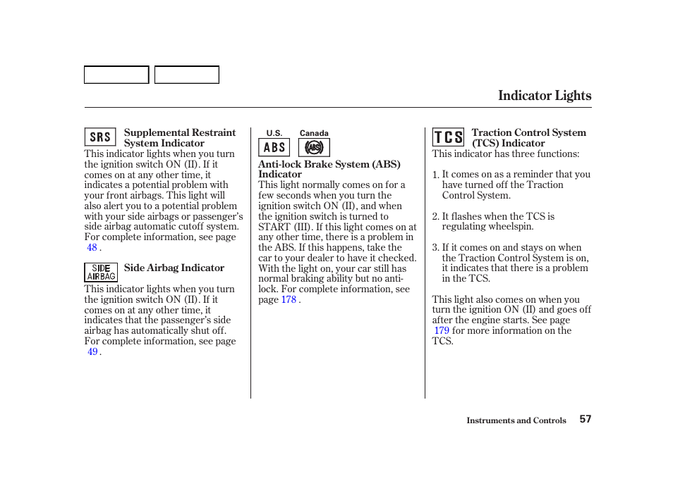 Indicator lights | Acura 2001 TL - Owner's Manual User Manual | Page 60 / 319