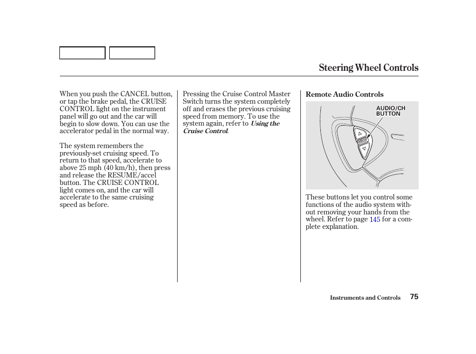 Steering wheel controls | Acura 2001 TL - Owner's Manual User Manual | Page 78 / 319