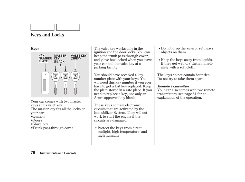 Keys and locks | Acura 2001 TL - Owner's Manual User Manual | Page 79 / 319