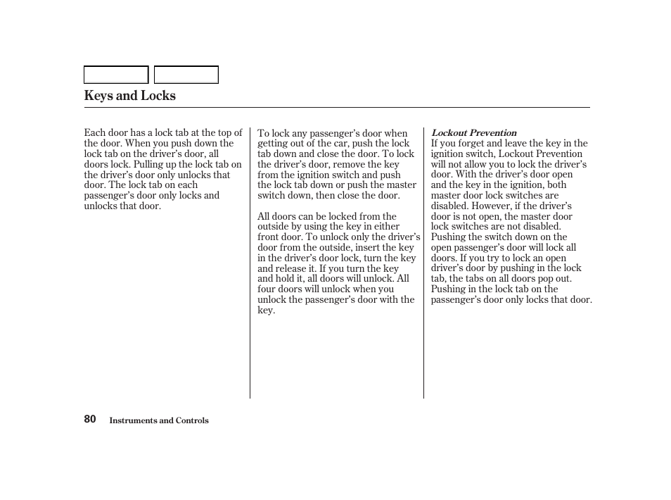 Keys and locks | Acura 2001 TL - Owner's Manual User Manual | Page 83 / 319