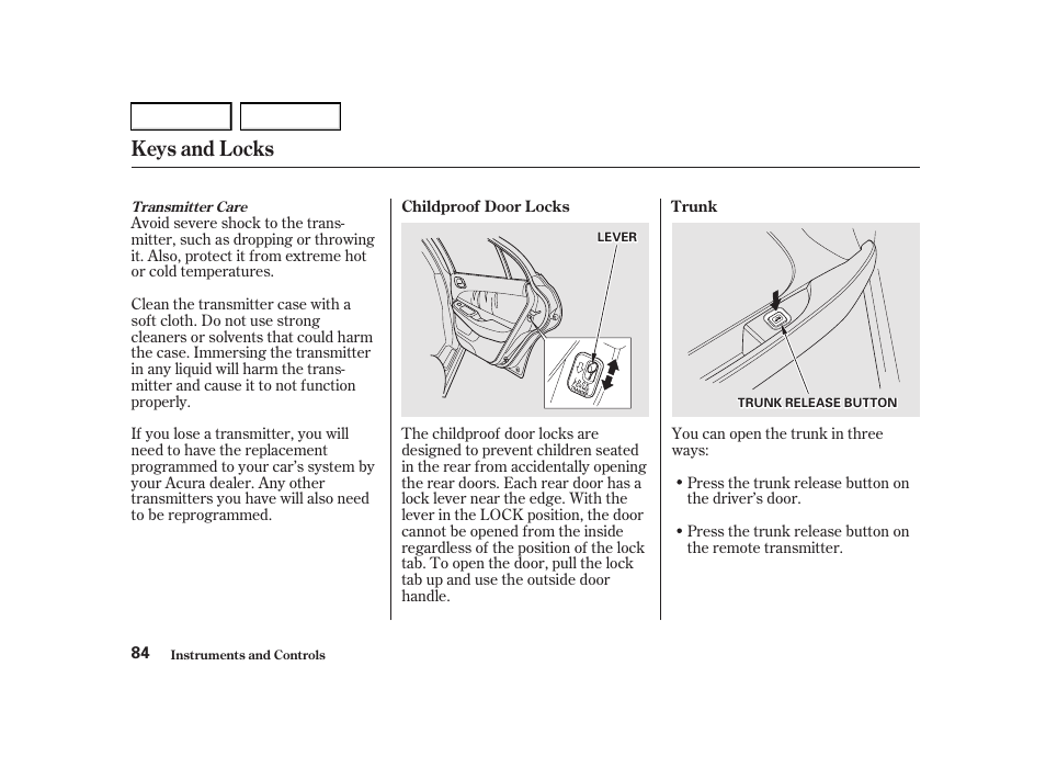 Keys and locks | Acura 2001 TL - Owner's Manual User Manual | Page 87 / 319