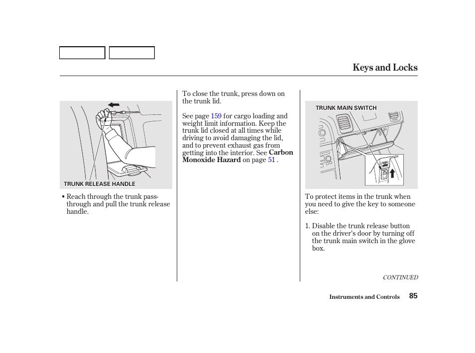 Keys and locks | Acura 2001 TL - Owner's Manual User Manual | Page 88 / 319