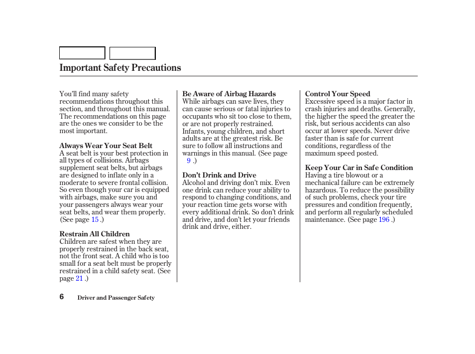 Important safety precautions | Acura 2001 TL - Owner's Manual User Manual | Page 9 / 319