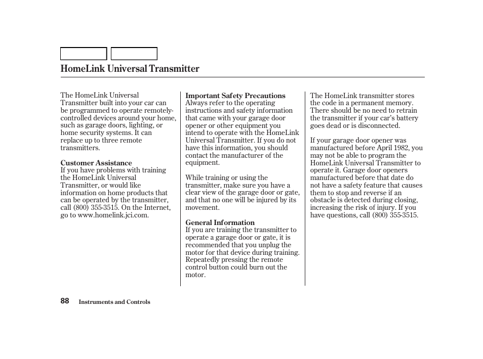 Homelink universal transmitter | Acura 2001 TL - Owner's Manual User Manual | Page 91 / 319