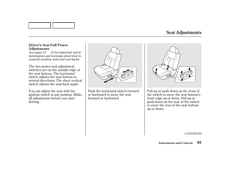 Seat adjustments | Acura 2001 TL - Owner's Manual User Manual | Page 96 / 319