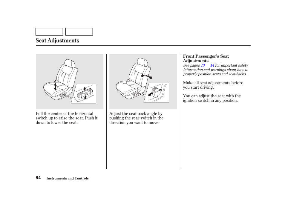 Seat adjustments | Acura 2001 TL - Owner's Manual User Manual | Page 97 / 319