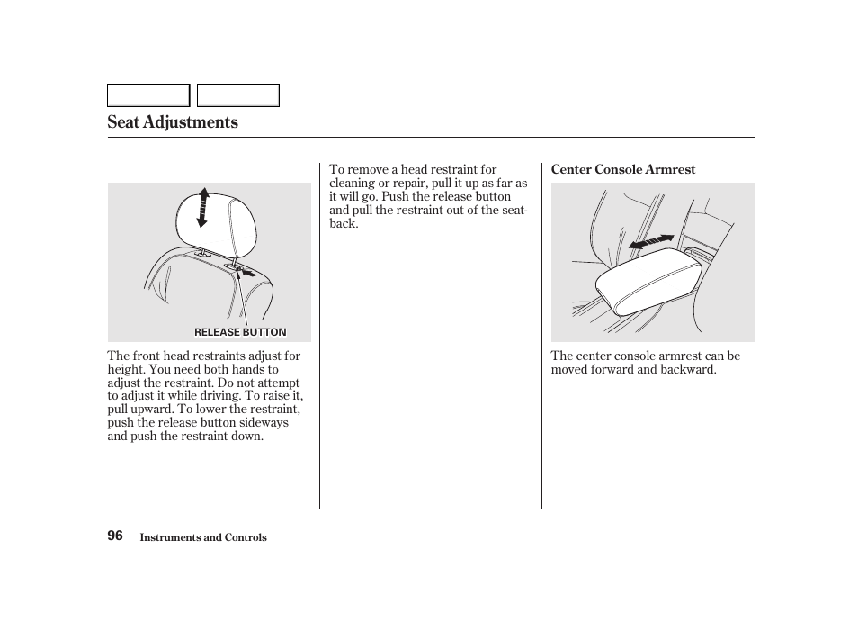 Seat adjustments | Acura 2001 TL - Owner's Manual User Manual | Page 99 / 319