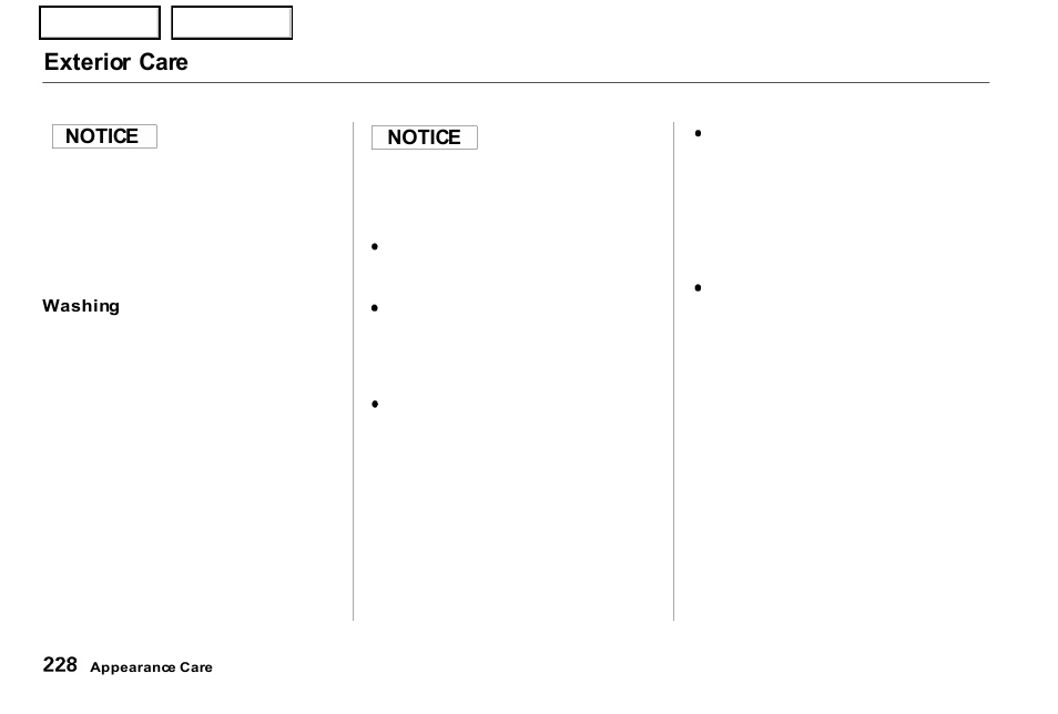 Exterior care | Acura 2001 NSX - Owner's Manual User Manual | Page 231 / 305