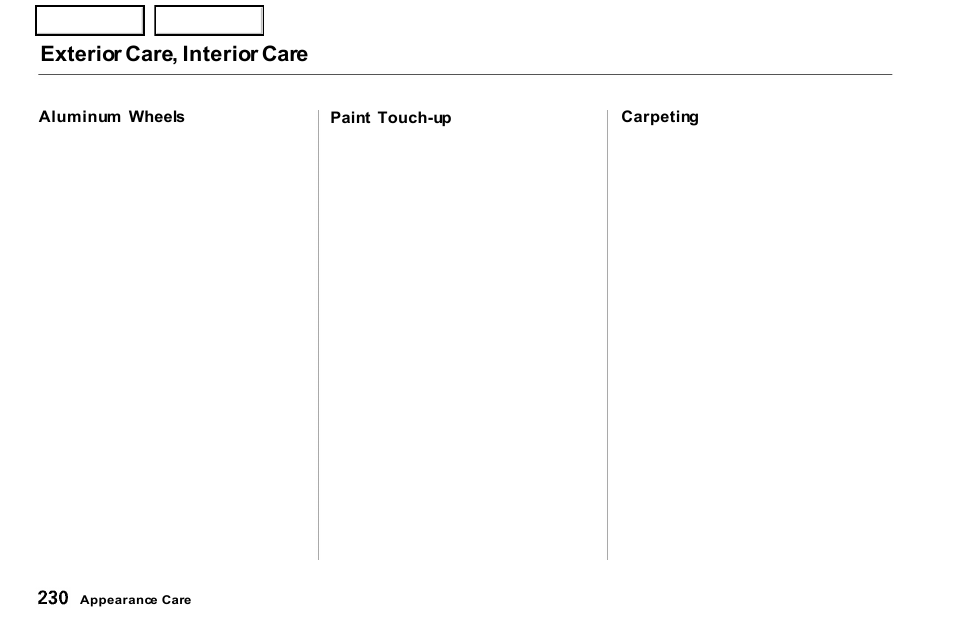 Exterior care, interior care | Acura 2001 NSX - Owner's Manual User Manual | Page 233 / 305