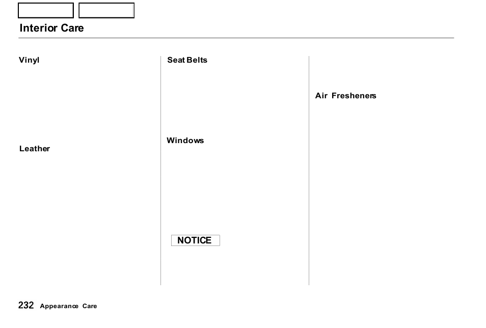 Interior care | Acura 2001 NSX - Owner's Manual User Manual | Page 235 / 305