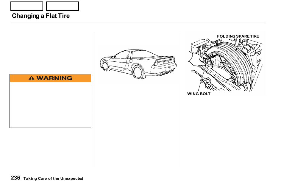 Changing a flat tire | Acura 2001 NSX - Owner's Manual User Manual | Page 239 / 305