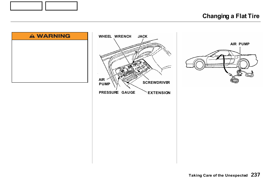 Changing a flat tire | Acura 2001 NSX - Owner's Manual User Manual | Page 240 / 305