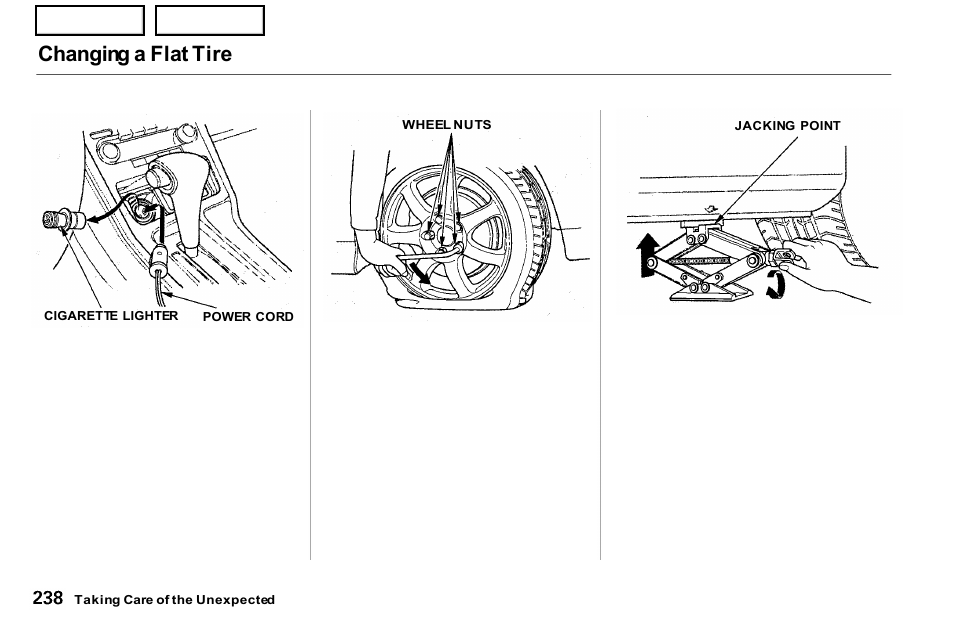 Changing a flat tire | Acura 2001 NSX - Owner's Manual User Manual | Page 241 / 305