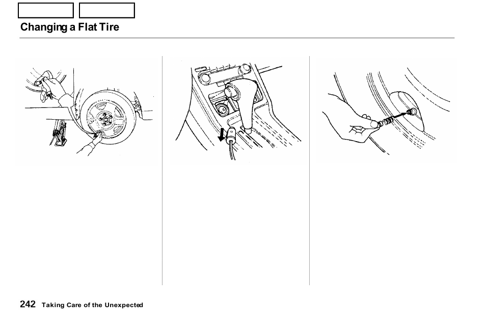 Changing a flat tire | Acura 2001 NSX - Owner's Manual User Manual | Page 245 / 305