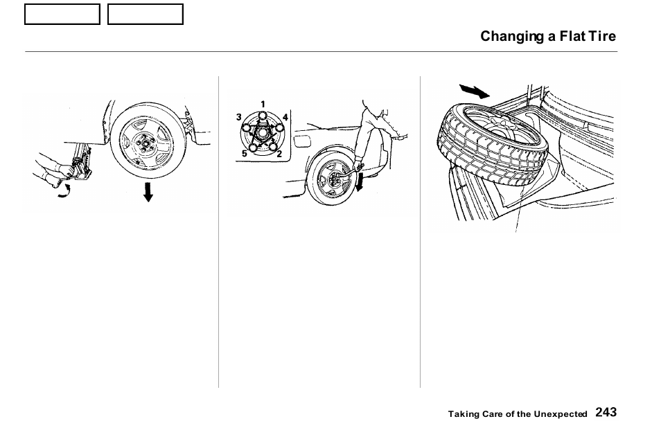 Changing a flat tire | Acura 2001 NSX - Owner's Manual User Manual | Page 246 / 305